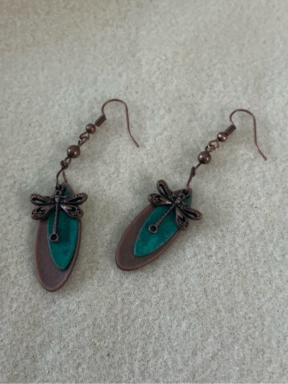 Green Dragonfly Dangle Earrings - Copper Tone